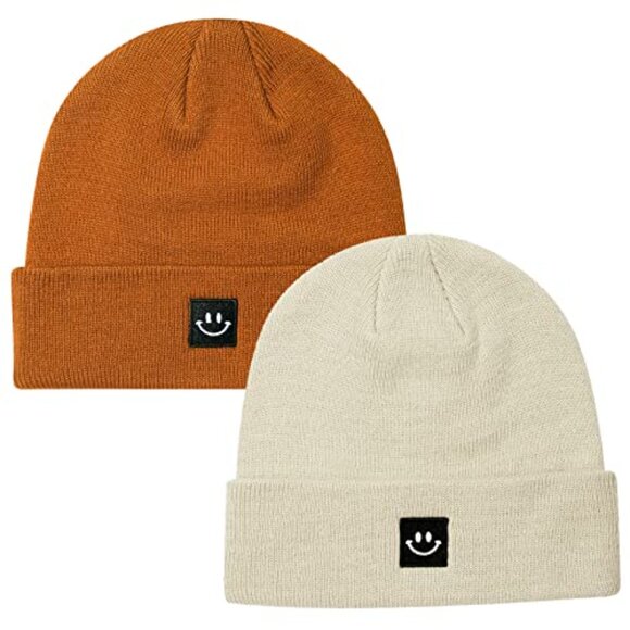 Knit Beanie Hat 2Pack Stretchable Fabric One Size Fit All Unisex Happy Face